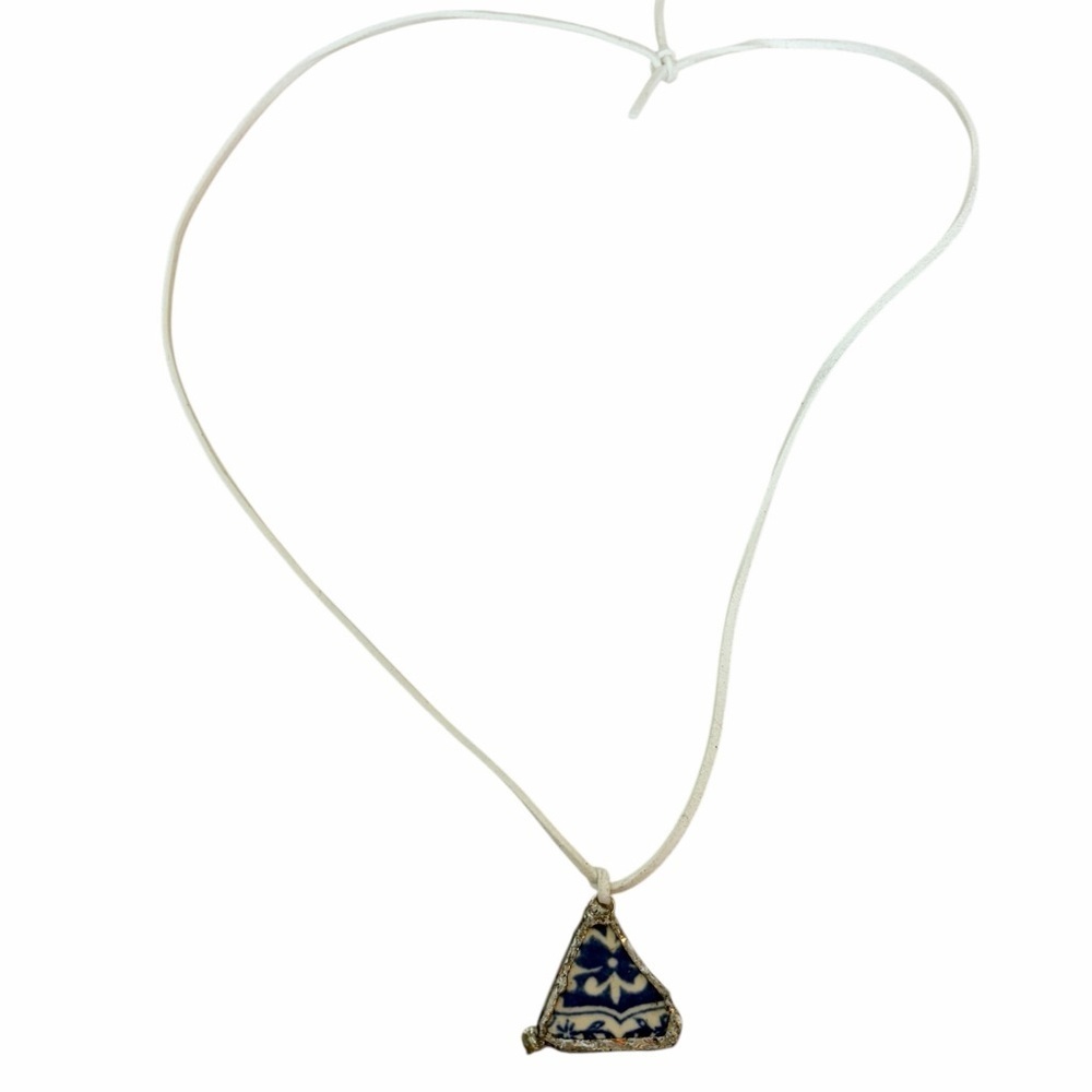Blue & White Broken China Pendant Necklace Triangular Ceramic White Cord